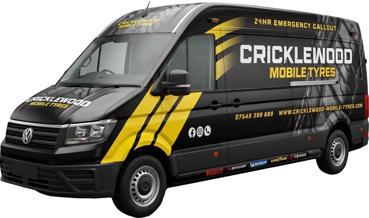The Cricklewood Mobile Tyres callout van, liveried in black and yellow