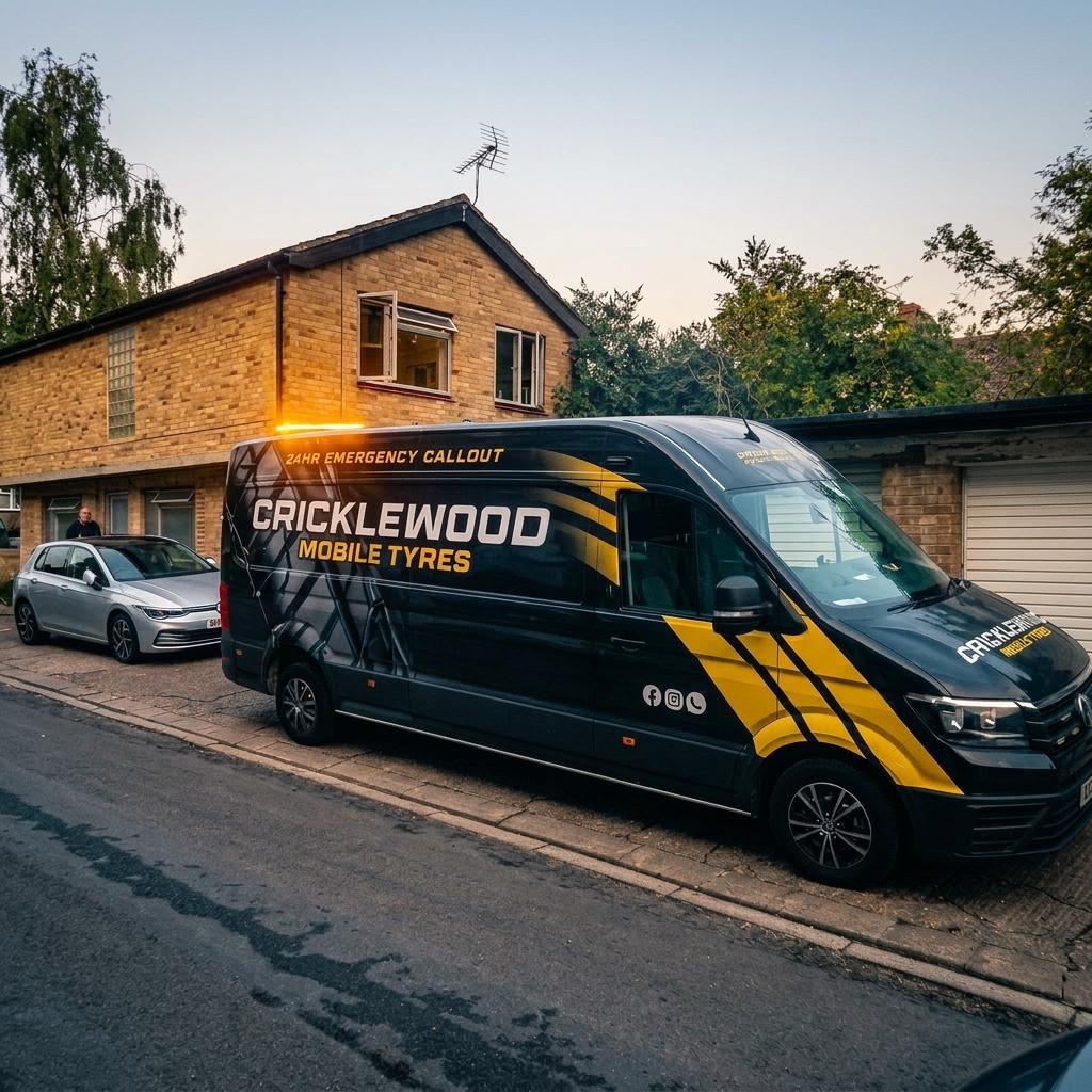 Cricklewood Mobile Tyres branded callout van parked on a residential street